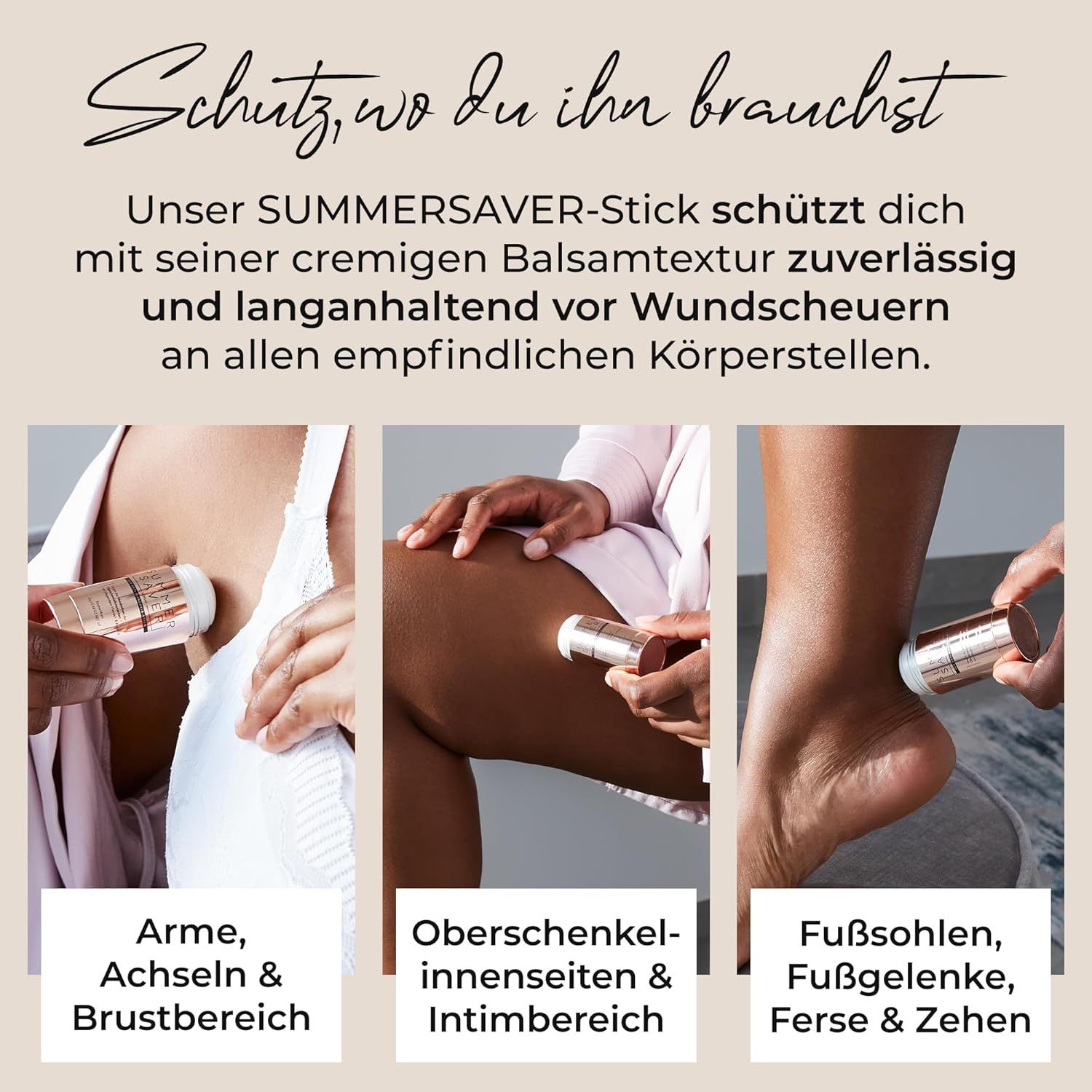 Drei Bilder zeigen die Anwendung des Sticks auf Achseln, Oberschenkeln und Füßen. Der Stick ist sichtbar.