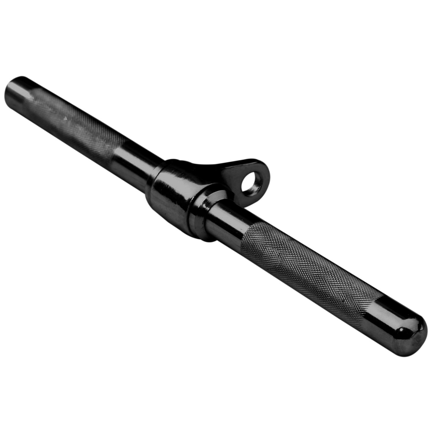 Schwarze Bizeps-Trizeps-Stange mit geriffelten Griffen und seitlichem Befestigungsloch. Metallkonstruktion.