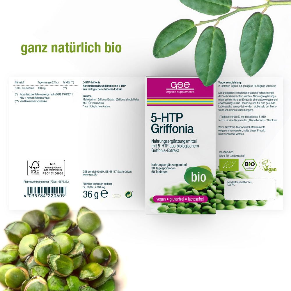 Geöffnete Produktverpackung mit Aufdruck: 5-HTP Griffonia, 30 Tagesportionen, 60 Tabletten. Bio-Siegel. Grüne Bohnen.