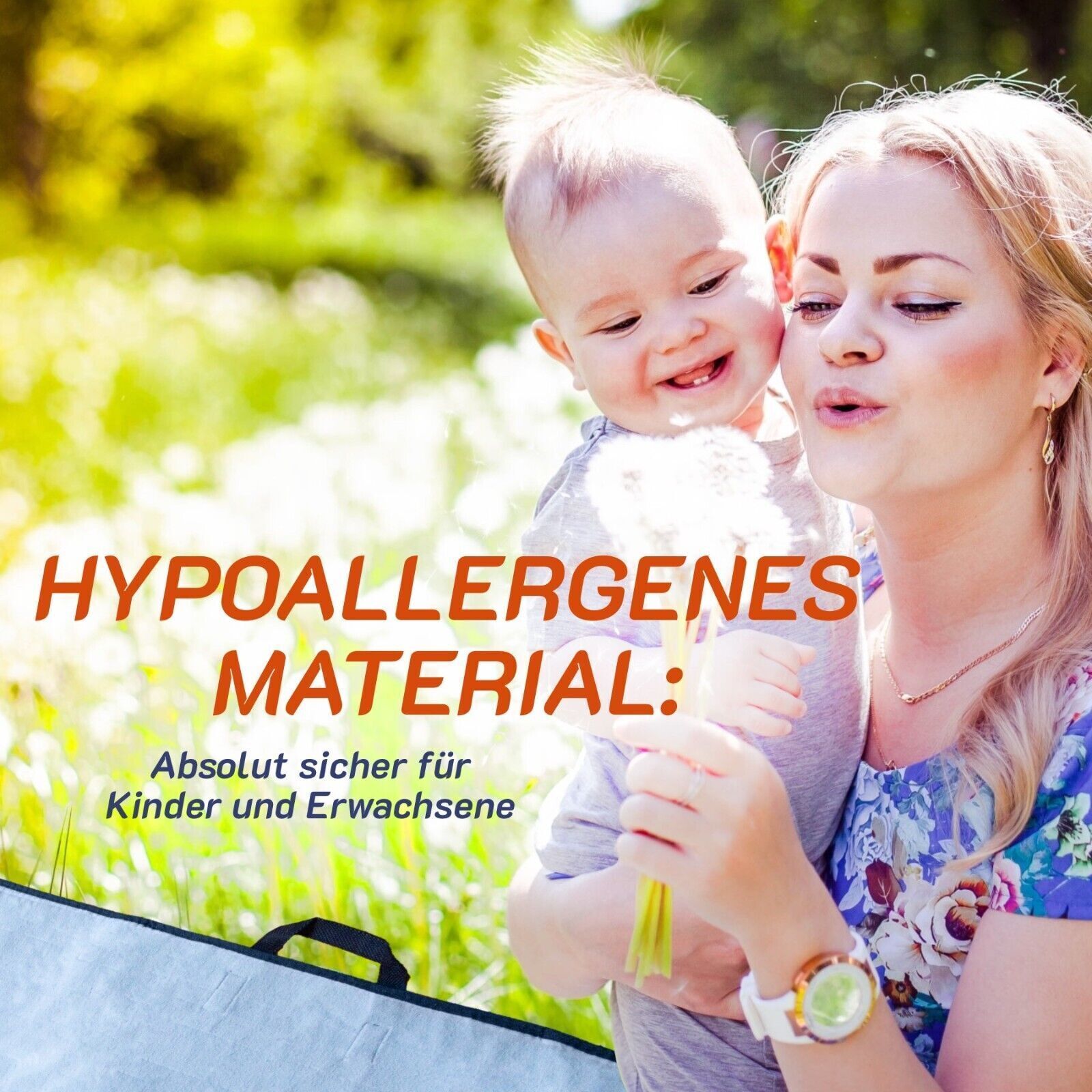 Hypoallergenes Material. Absolut sicher für Kinder und Erwachsene. Frau mit Kind im Freien.
