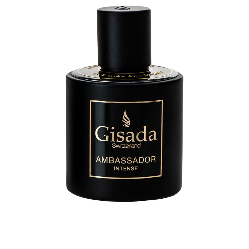 Gisada Ambassador Intense Eau de Parfum Flakon in Schwarz mit goldenem Etikett.