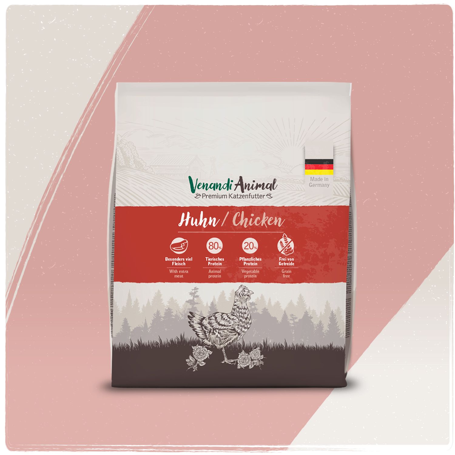 Venandi Animal Huhn / Chicken Premium Katzenfutter Beutel mit Illustration einer Henne und Waldlandschaft. Deutsche Flagge sichtbar.