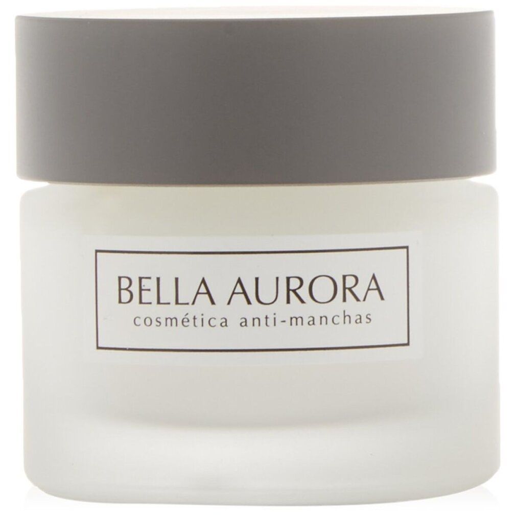 Matte weiße Tiegel mit grauem Deckel. Etikett mit "BELLA AURORA" und "cosmética anti-manchas".