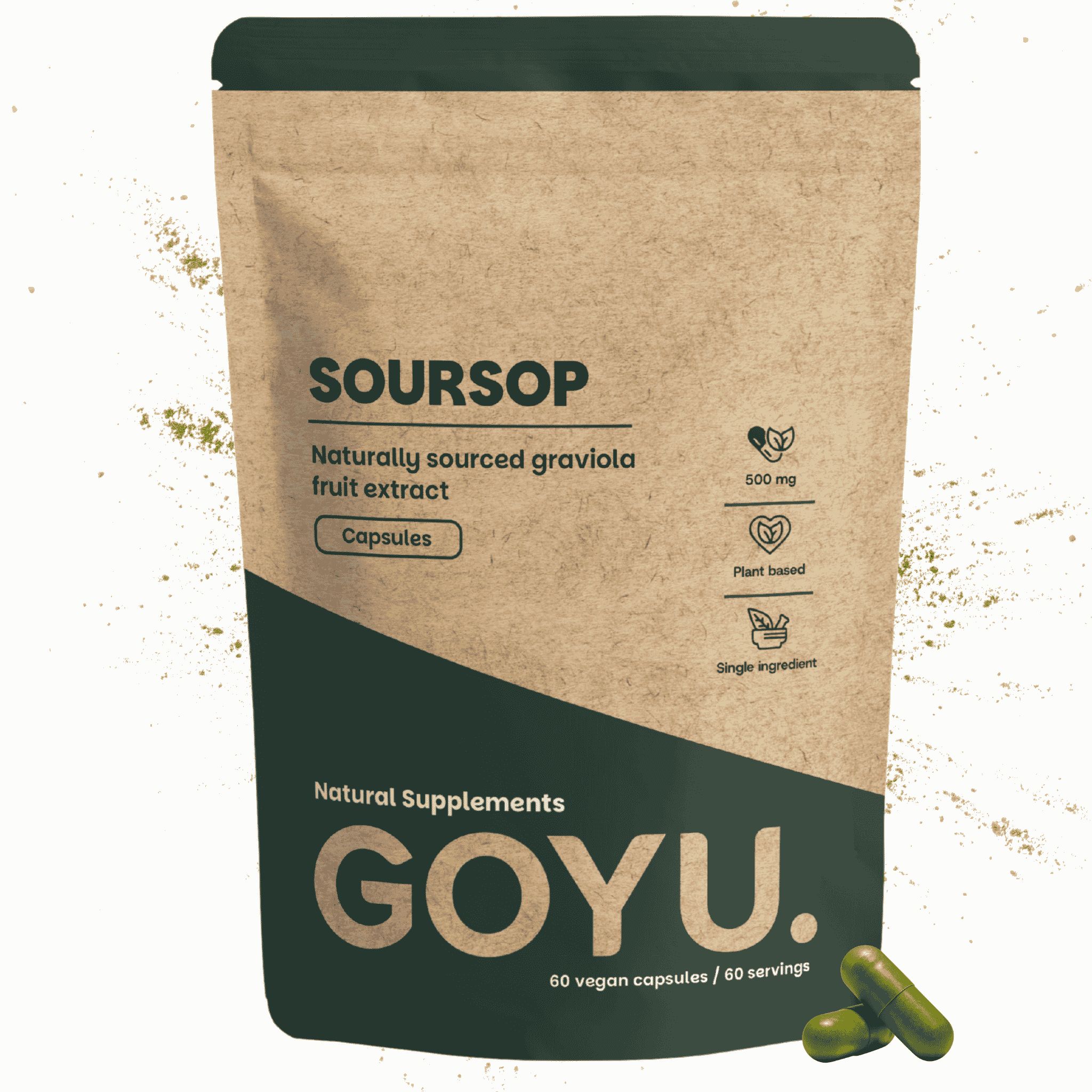 Brauner Beutel mit Soursop-Kapseln, 500 mg. Enthält 60 vegane Kapseln.