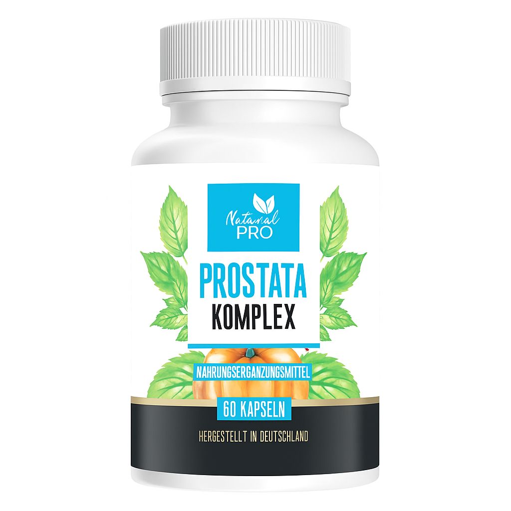 Weiße Flasche mit blauem Etikett. Aufschrift: PROSTATA KOMPLEX, 60 Kapseln. Grünpflanzen-Illustrationen.
