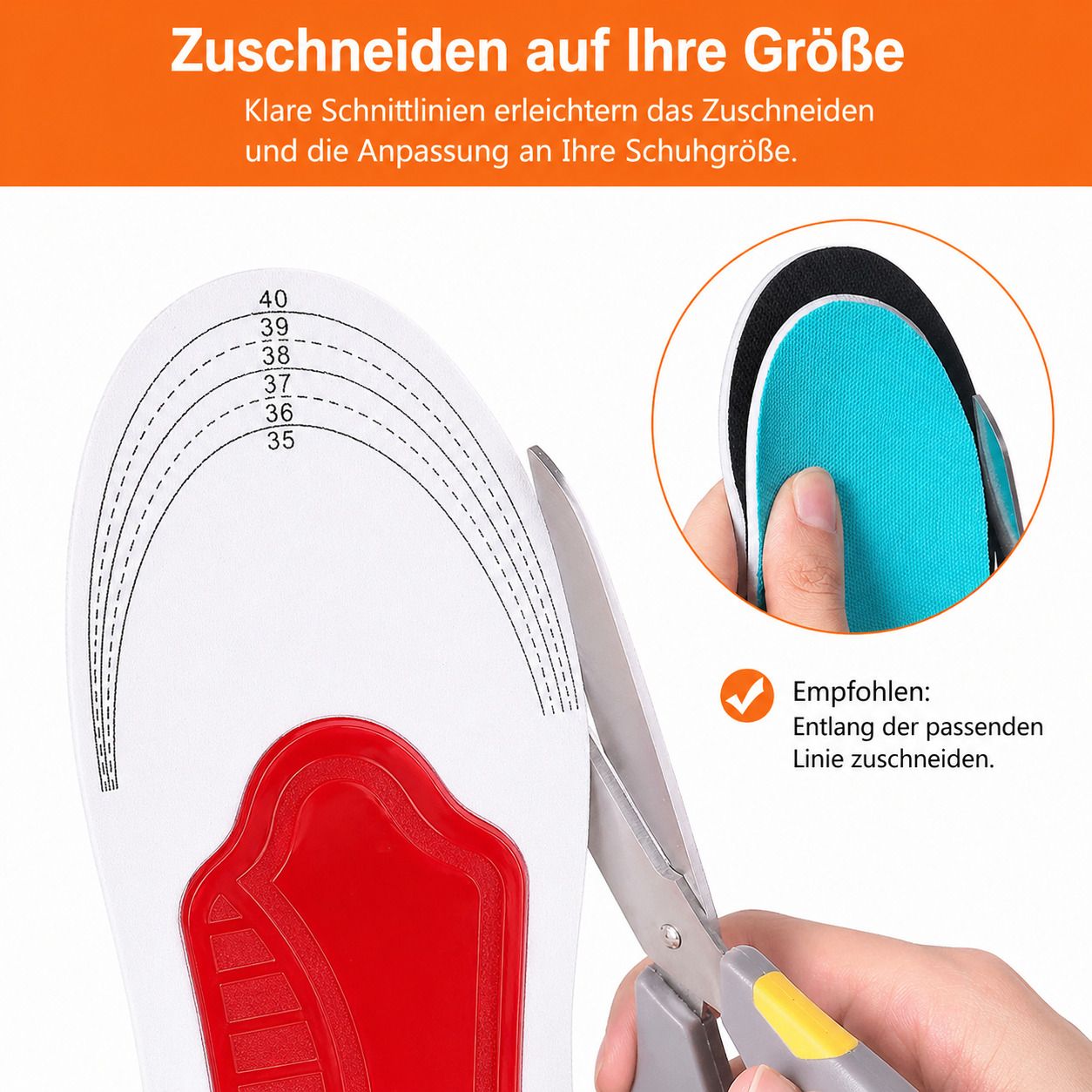 Zuschneiden der Einlegesohle. Schere. Schnittlinien. Empfohlene Linie zum Zuschneiden.