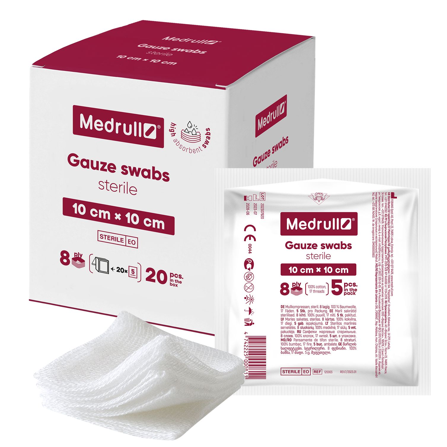 Karton mit 20 Packungen steriler Mullkompressen, je 5 Stück (10x10 cm).