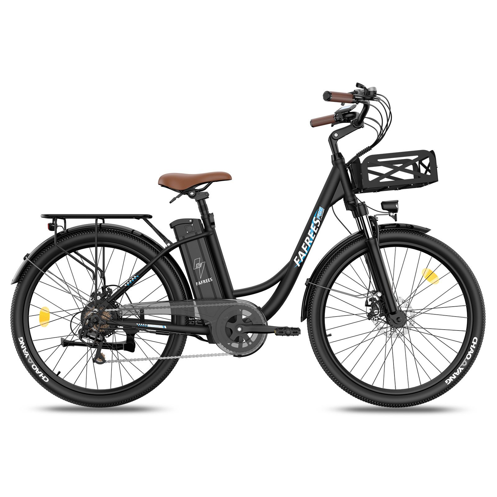 Schwarzes E-Bike mit braunem Sattel und Lenker. Korb vorne, Gepäckträger hinten. Marke Fafrees.