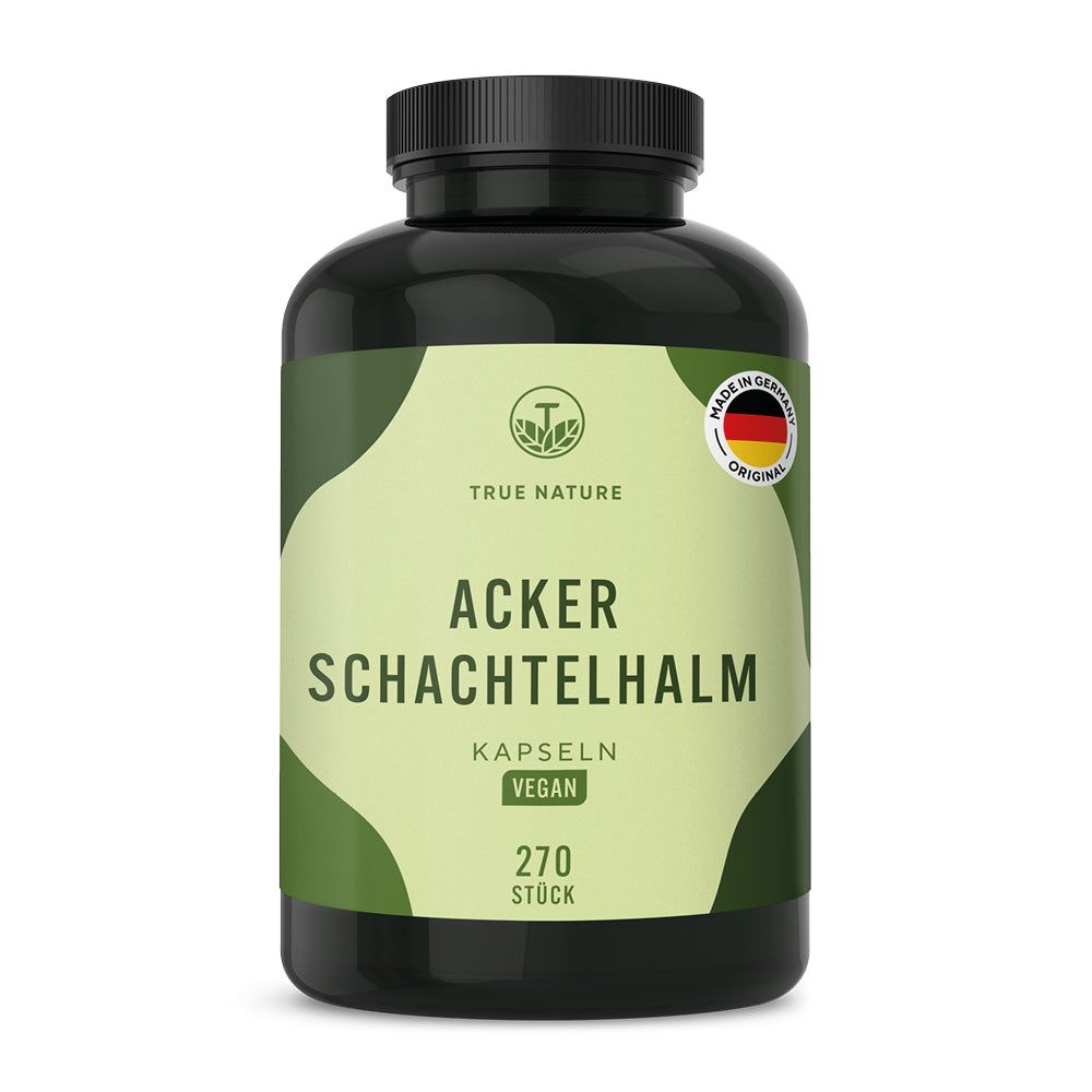 Schwarzer Behälter mit TRUE NATURE Ackerschachtelhalm Kapseln, 270 Stück, vegan, Made in Germany.