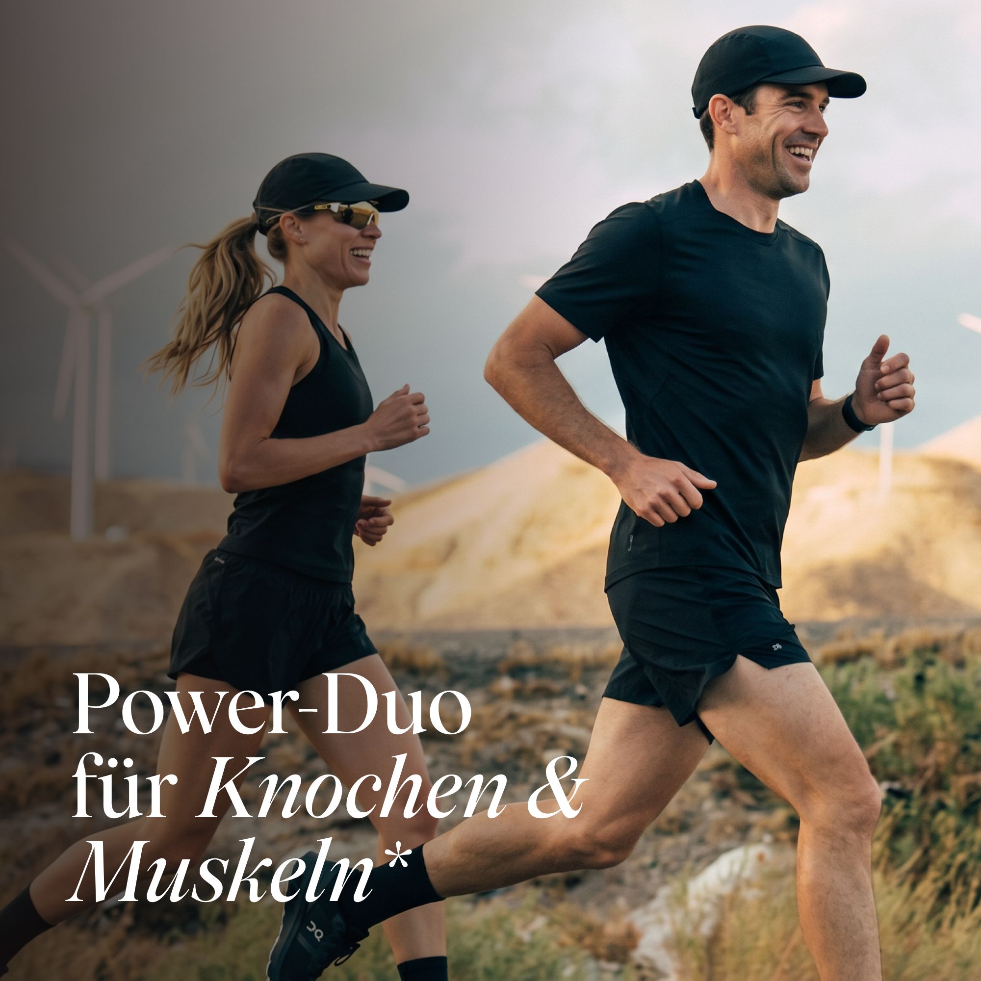 Läuferpaar im Freien, Text: Power-Duo für Knochen & Muskeln.