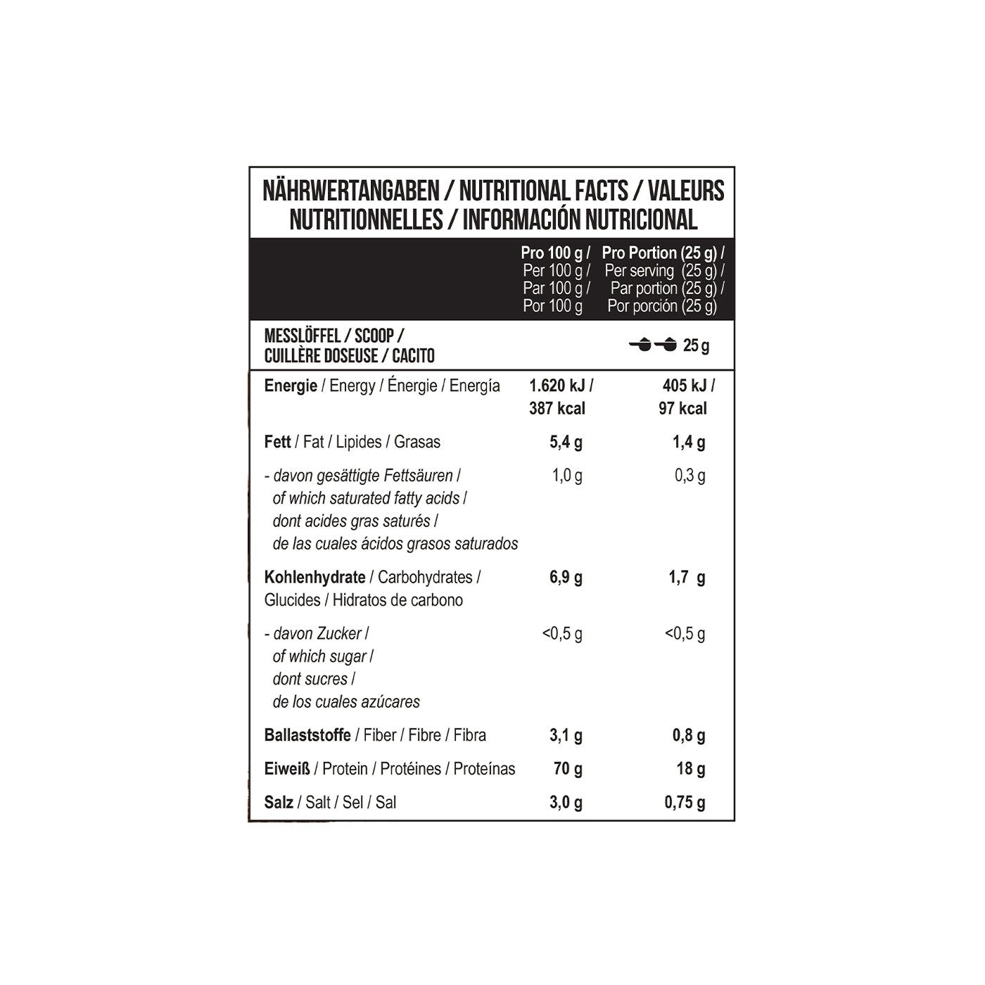 Nährwertangaben auf schwarzem Hintergrund. Enthält Informationen pro 100g und pro Portion. Text in Weiß.
