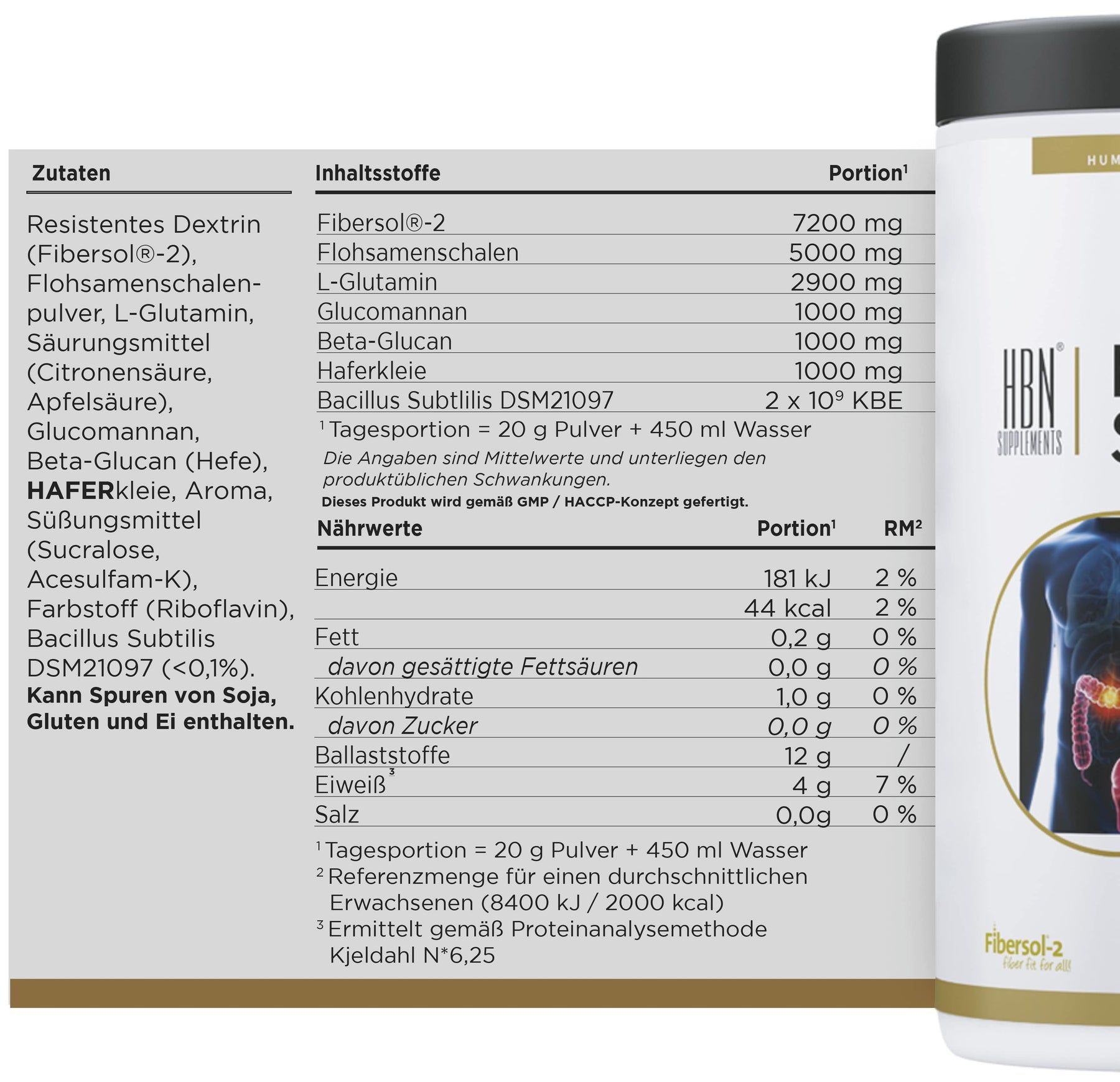 Detailansicht der Zutatenliste und Nährwertangaben auf der Produktverpackung. Text in deutscher Sprache. Enthält Informationen zu Inhaltsstoffen.