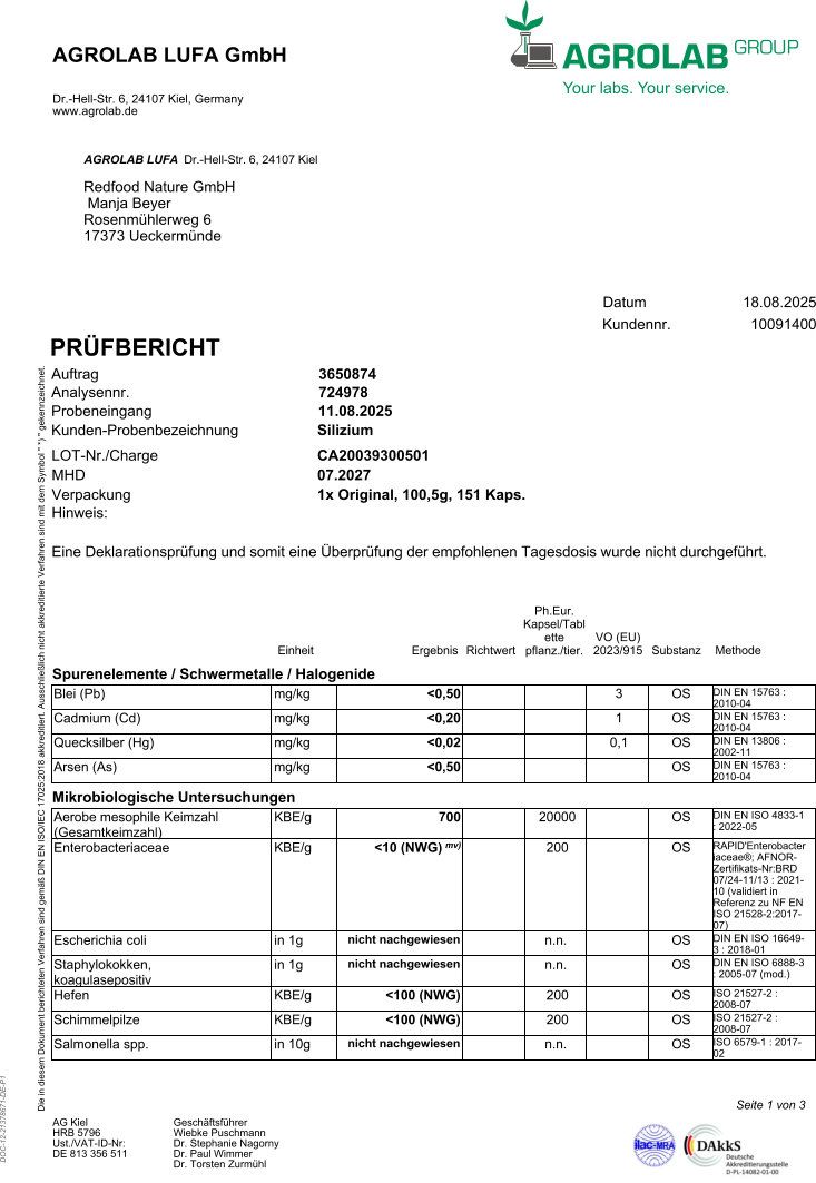 Prüfbericht von Agrolab LUFA GmbH. Enthält Angaben zu Analyse, Probenbezeichnung, Chargennummer, MHD, und Testergebnissen für Schwermetalle und Mikroorganismen.
