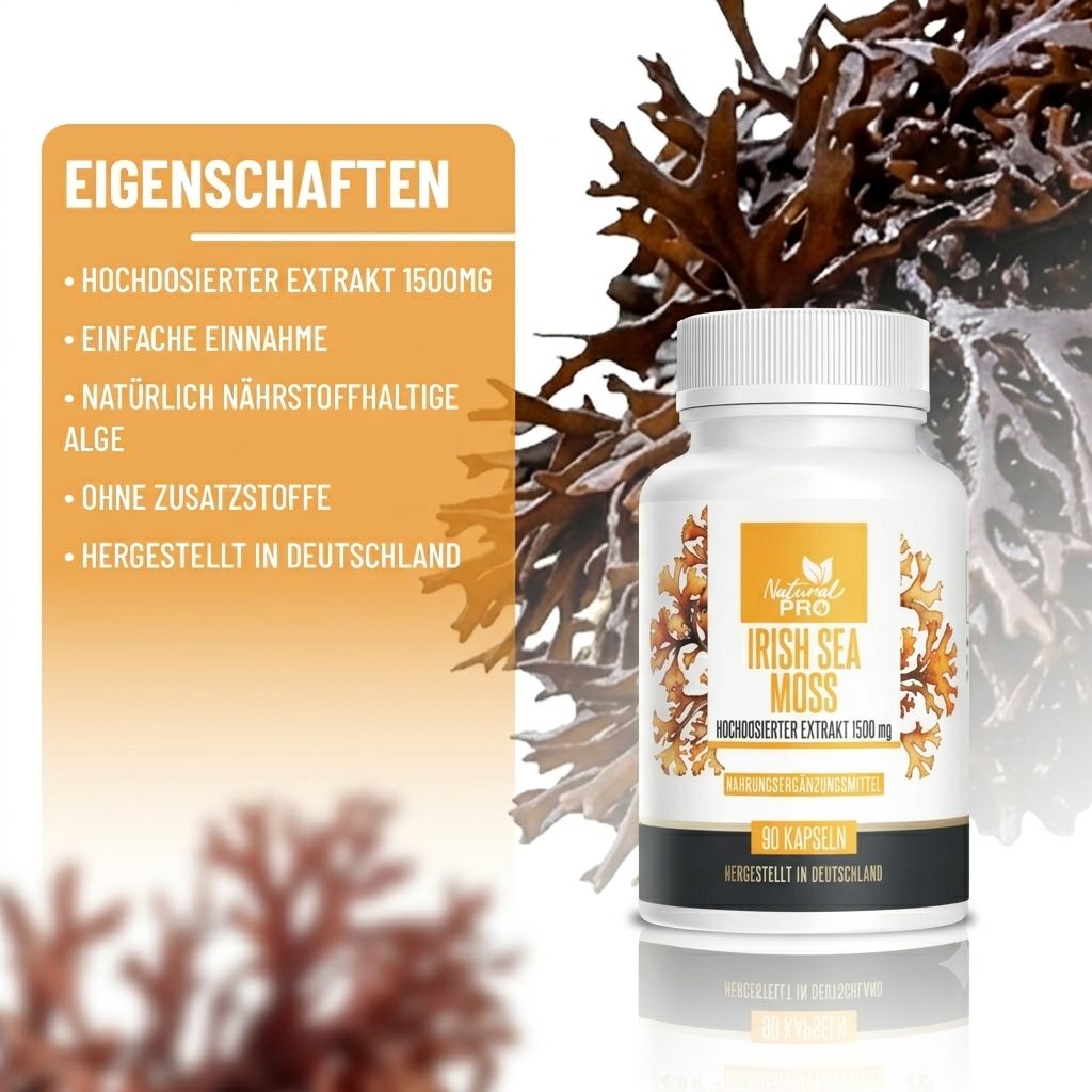 Flasche Irish Sea Moss Kapseln 1500mg. Eigenschaften: hochdosiert, vegan, aus Deutschland.