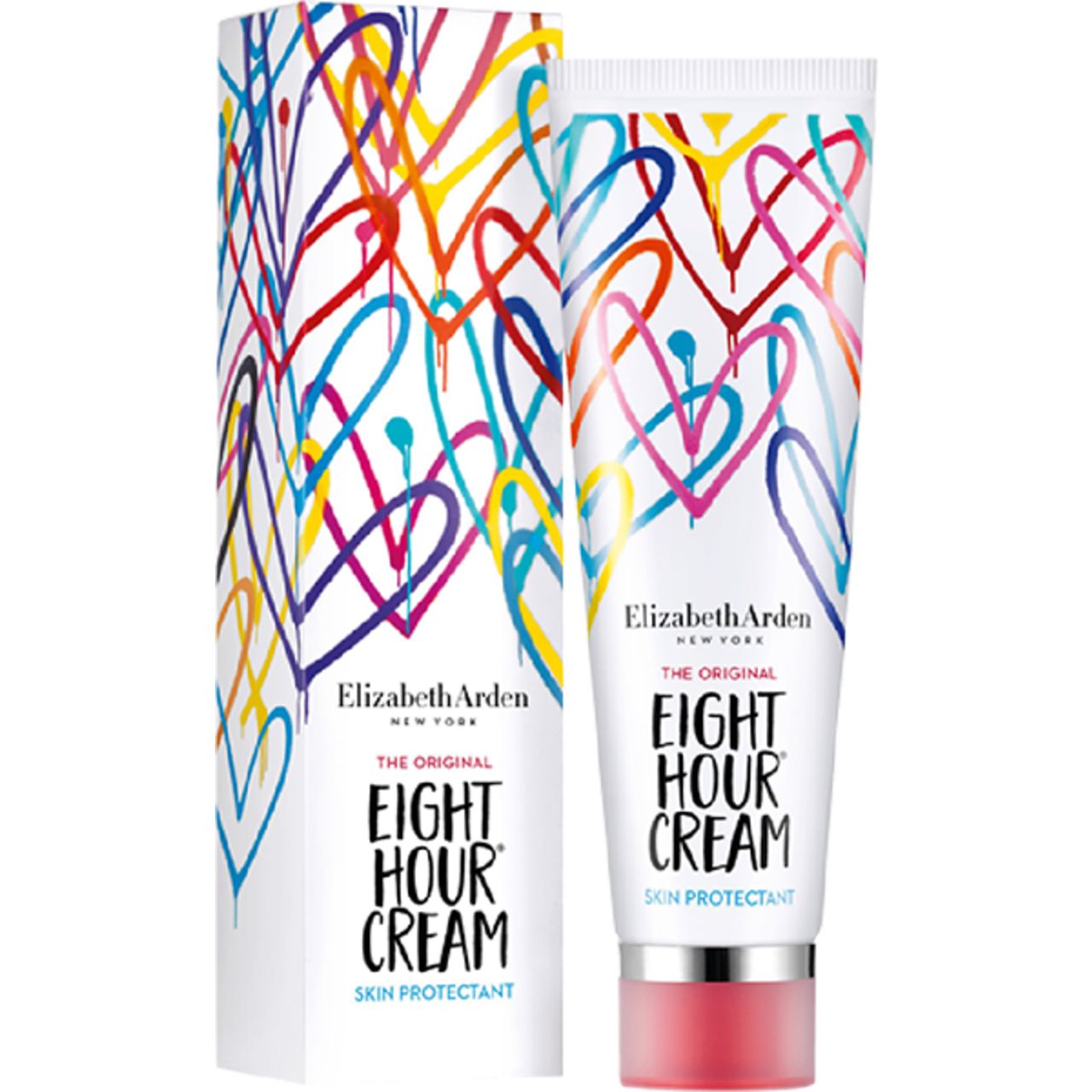 Creme-Tube und Schachtel mit Herz-Grafiken. Aufschrift: Elizabeth Arden, Eight Hour Cream Skin Protectant.
