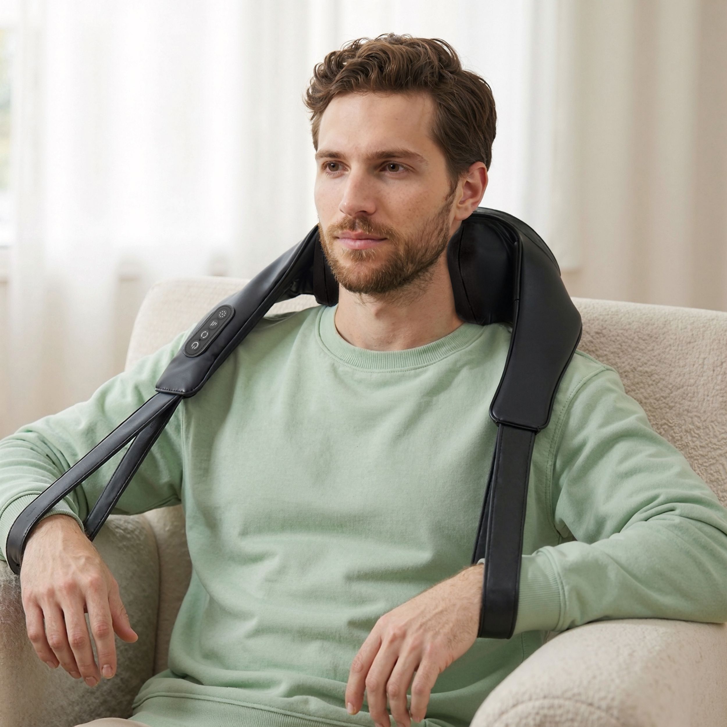 Mann sitzt mit einem schwarzen Nackenmassagegerät. Das Gerät hat zwei Schulterriemen.