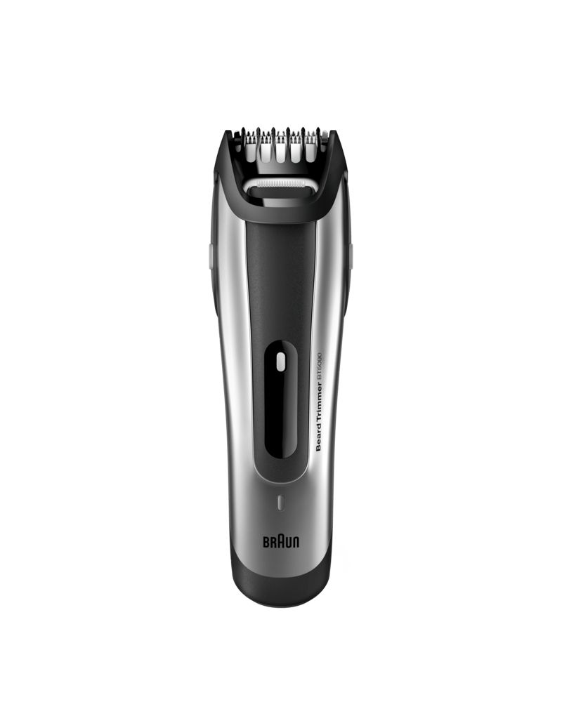Silber-schwarzer Barttrimmer. Vertikale Ansicht des Trimmers mit sichtbarem Scherkopf und Markenschriftzug.
