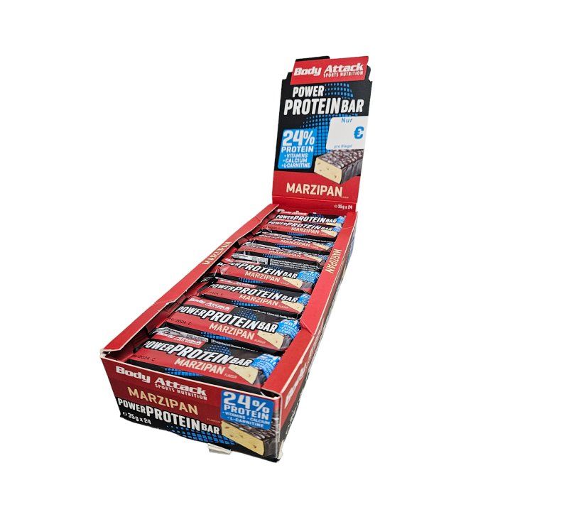 The Body Attack Power Protein Bar display box. Contains Marzipan flavor bars. The box is red and white with the brand name and product information.