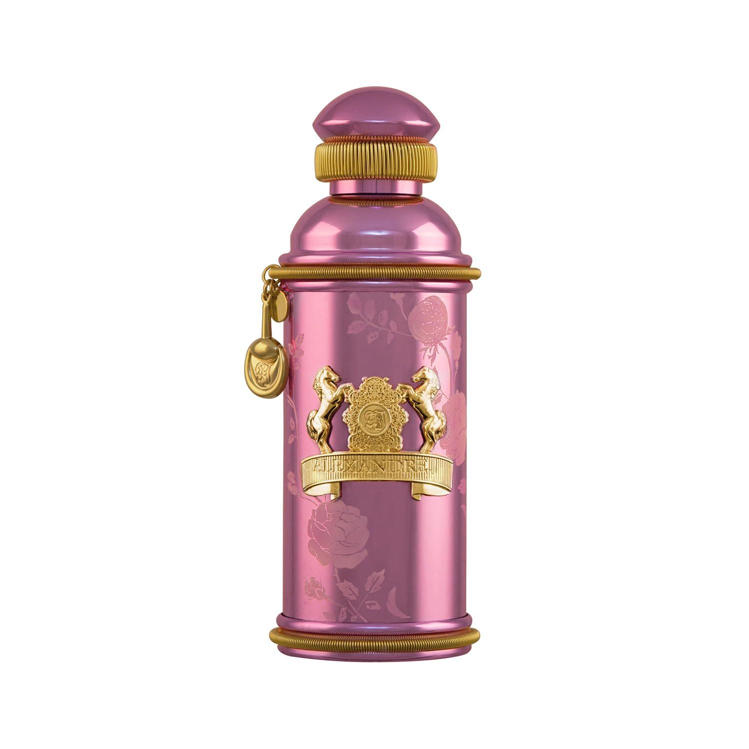 Rosa Flakon mit goldenen Verzierungen. Aufschrift: Alexandre.j. Prägung mit Rosenmuster. Goldener Verschluss und Anhänger.
