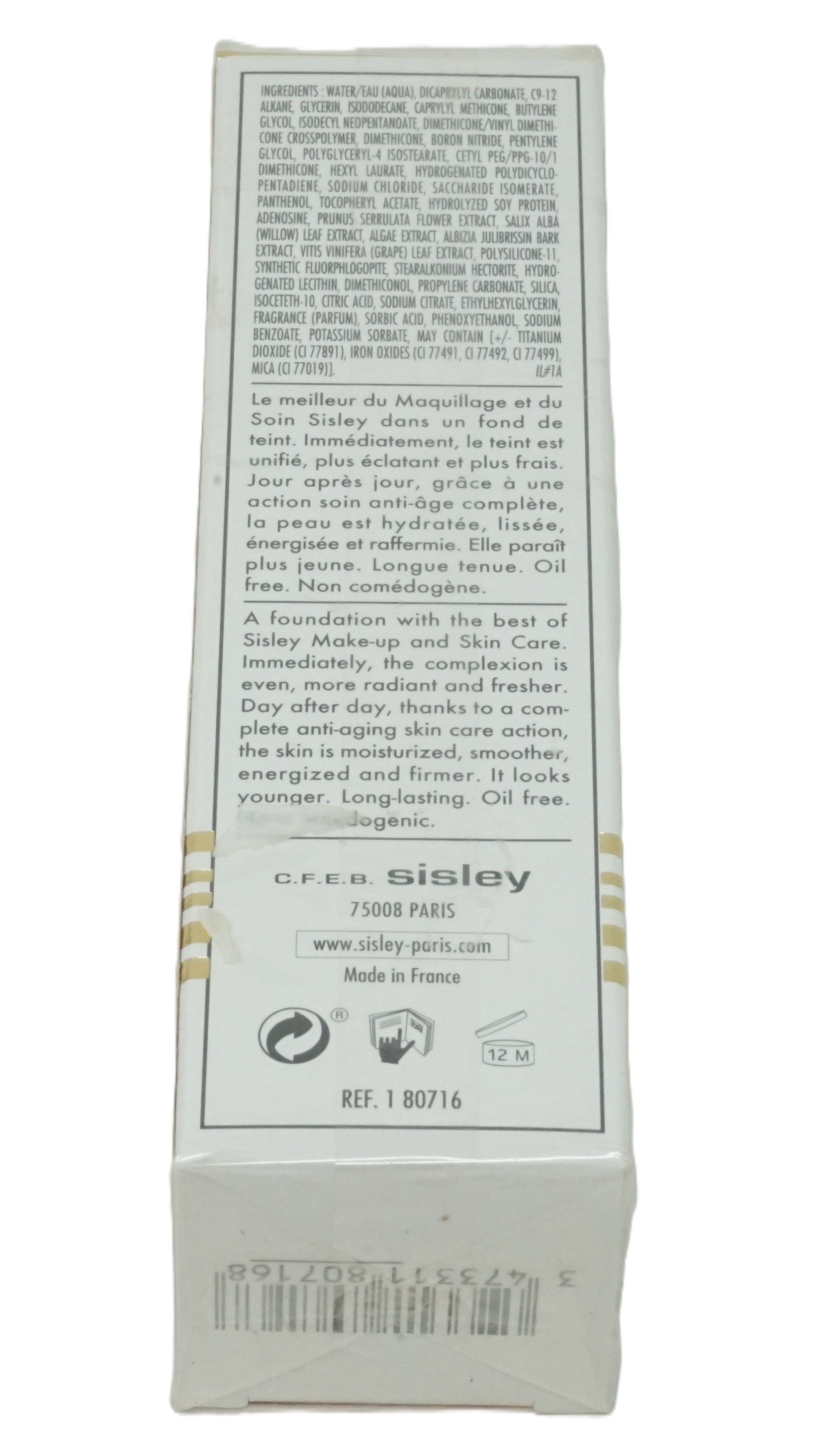 Sisley Sisleya Le Teint Verpackung. Weißer Karton mit Produktinformationen und Logos. Text in mehreren Sprachen.
