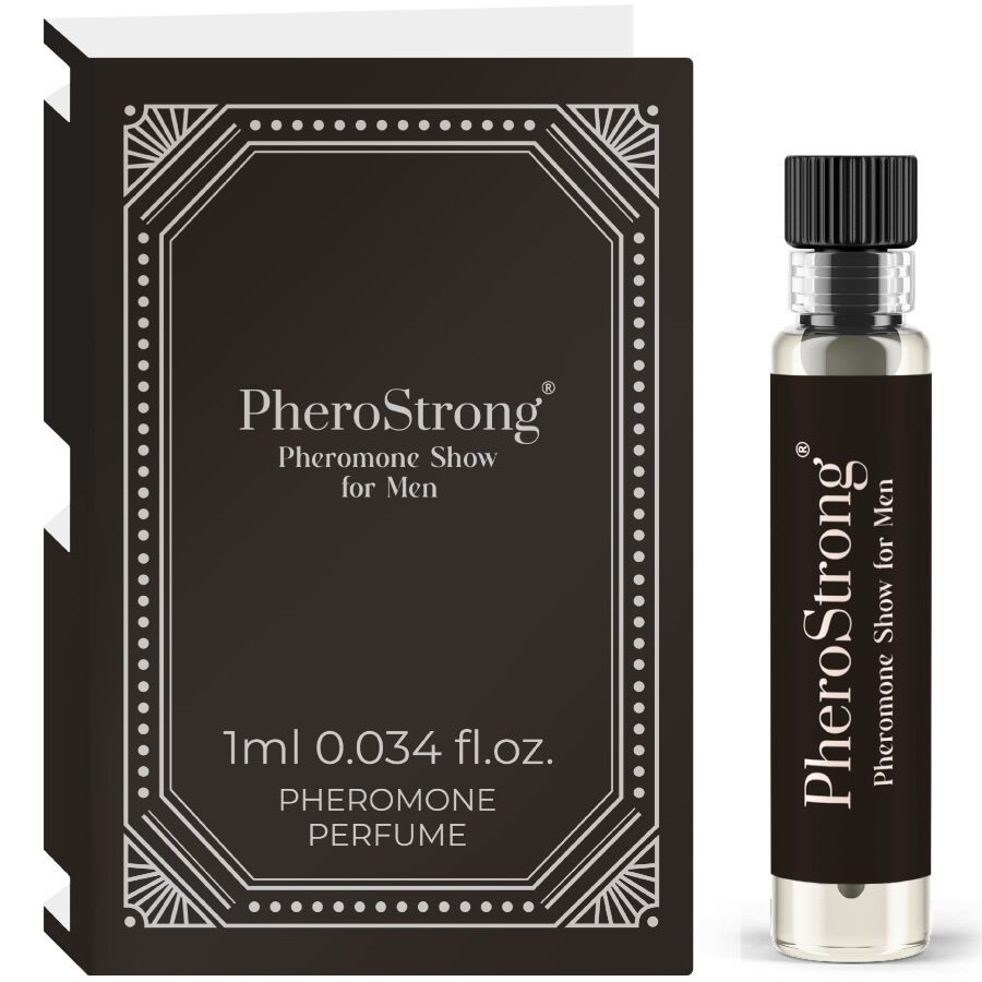 PheroStrong Pheromone Show für Männer. Flakon und Verpackung. Schwarzer Flakon mit schwarzem Deckel. Schwarze Verpackung mit weißer Schrift.