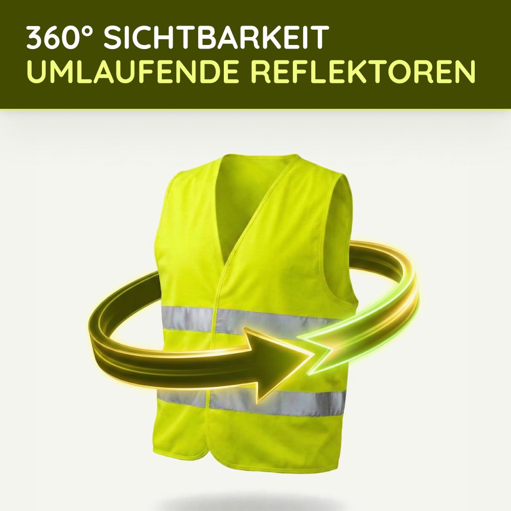 Neongelbe Warnweste mit umlaufenden reflektierenden Streifen, 360° Sichtbarkeit.