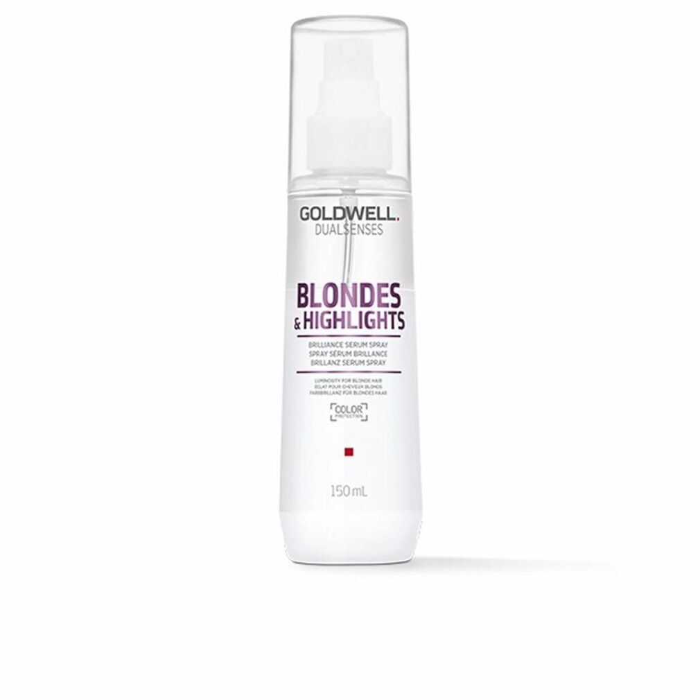 Goldwell Dualsenses Blondes & Highlights Brilliance Serum Spray. Weiße Flasche mit Sprühkopf. Produktname und Logo sichtbar.