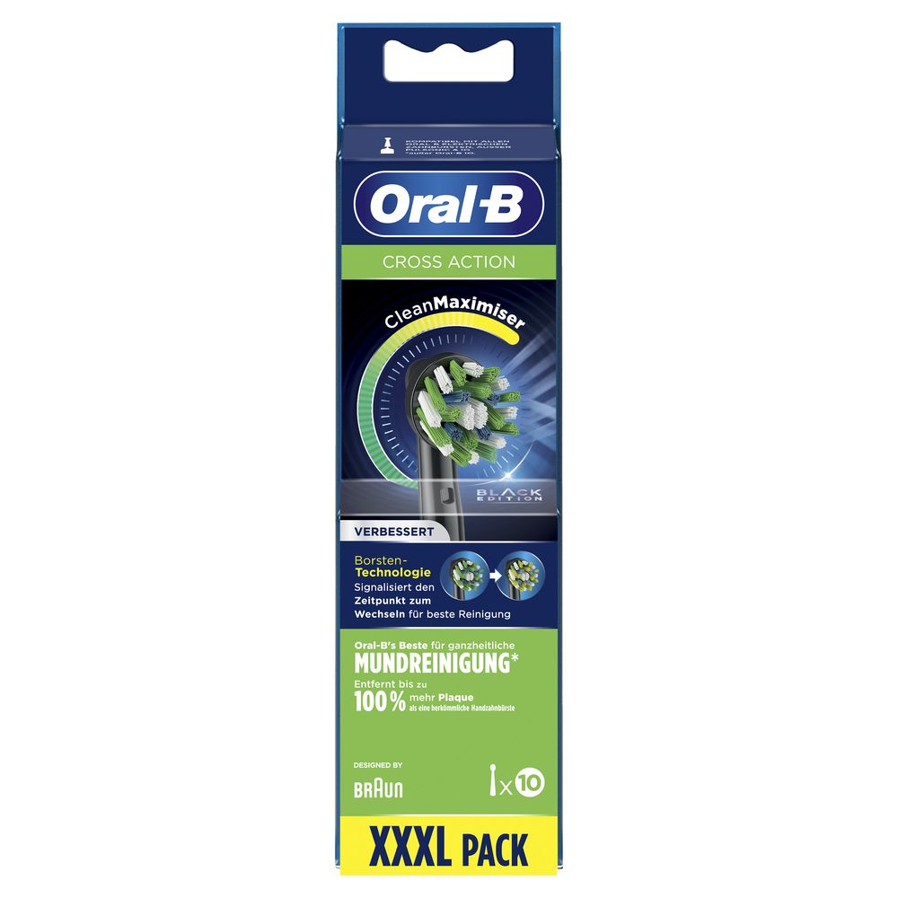 Verpackung für Oral-B Cross Action CleanMaximizer Aufsteckbürsten. Produktname, Logo, Text und 10 Stück.