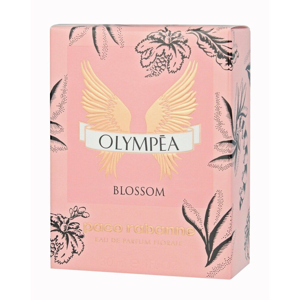 Rosa Schachtel. Aufschrift Olympéa Blossom. Flügel-Design. Floral-Dekor.