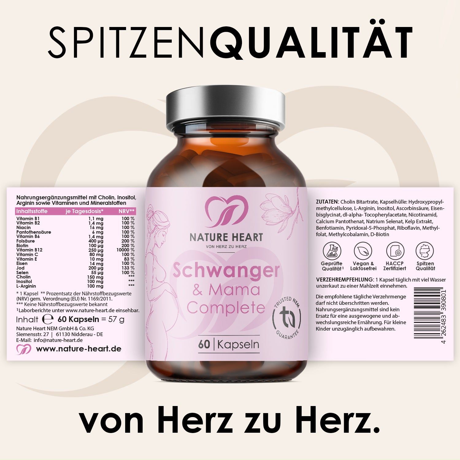 Etikett mit Nährwertangaben und Inhaltsstoffen. Aufschrift: Schwanger & Mama Complete. 60 Kapseln. Logo Nature Heart. TÜV-Zertifizierung.