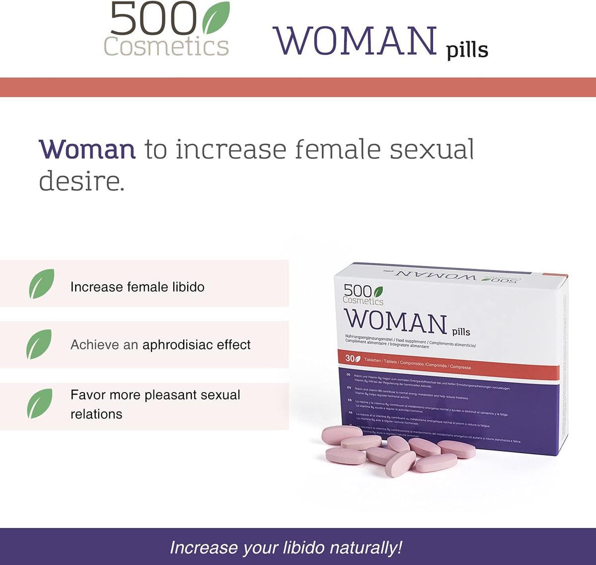 Produktverpackung mit Tabletten. Aufschrift: "500 WOMAN pills". Lila Tabletten daneben.