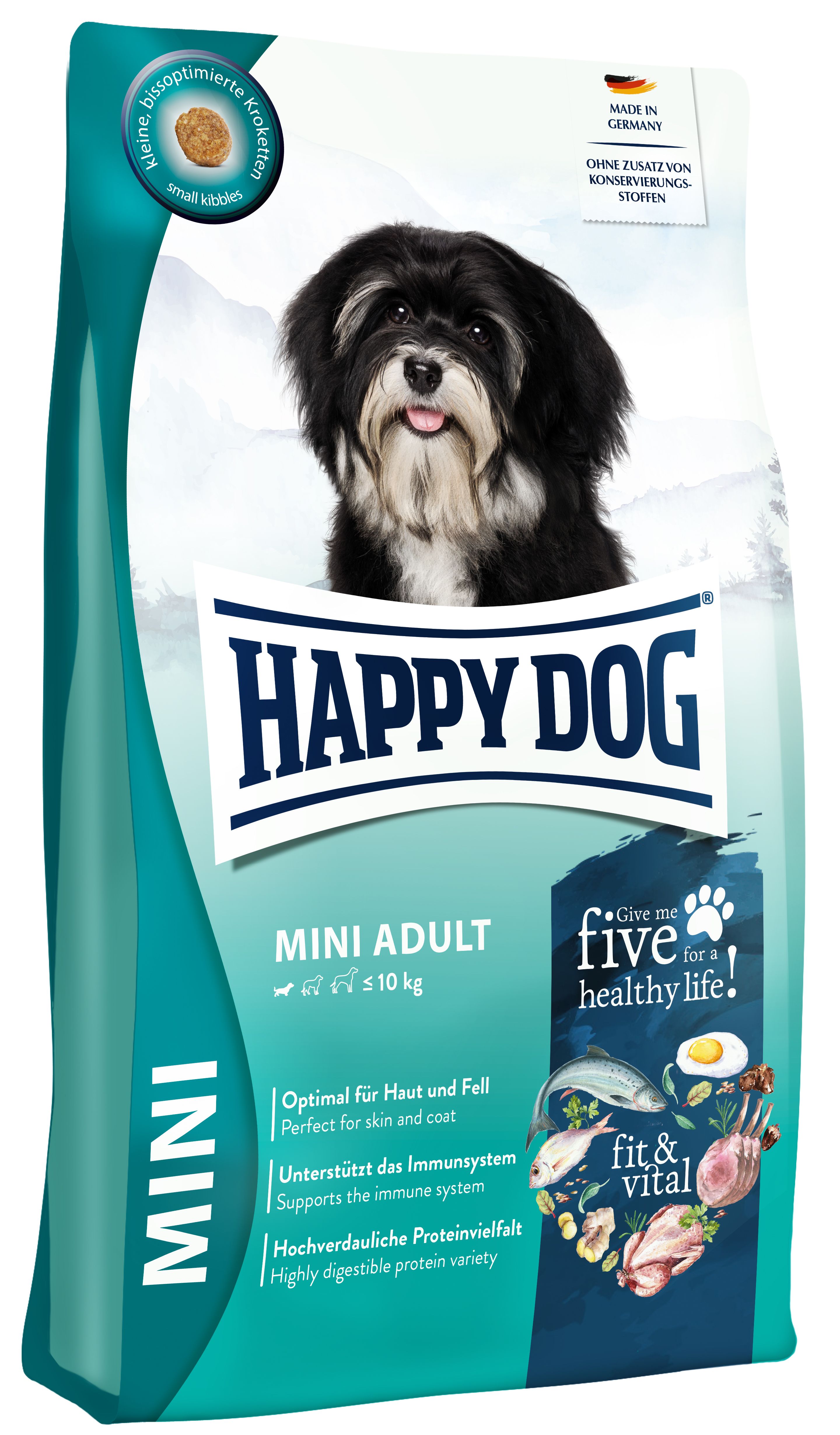 Hunde-Trockenfutter-Beutel. Aufschrift: HAPPY DOG MINI ADULT. Enthält kleine Kroketten. Geeignet für Hunde bis 10 kg.