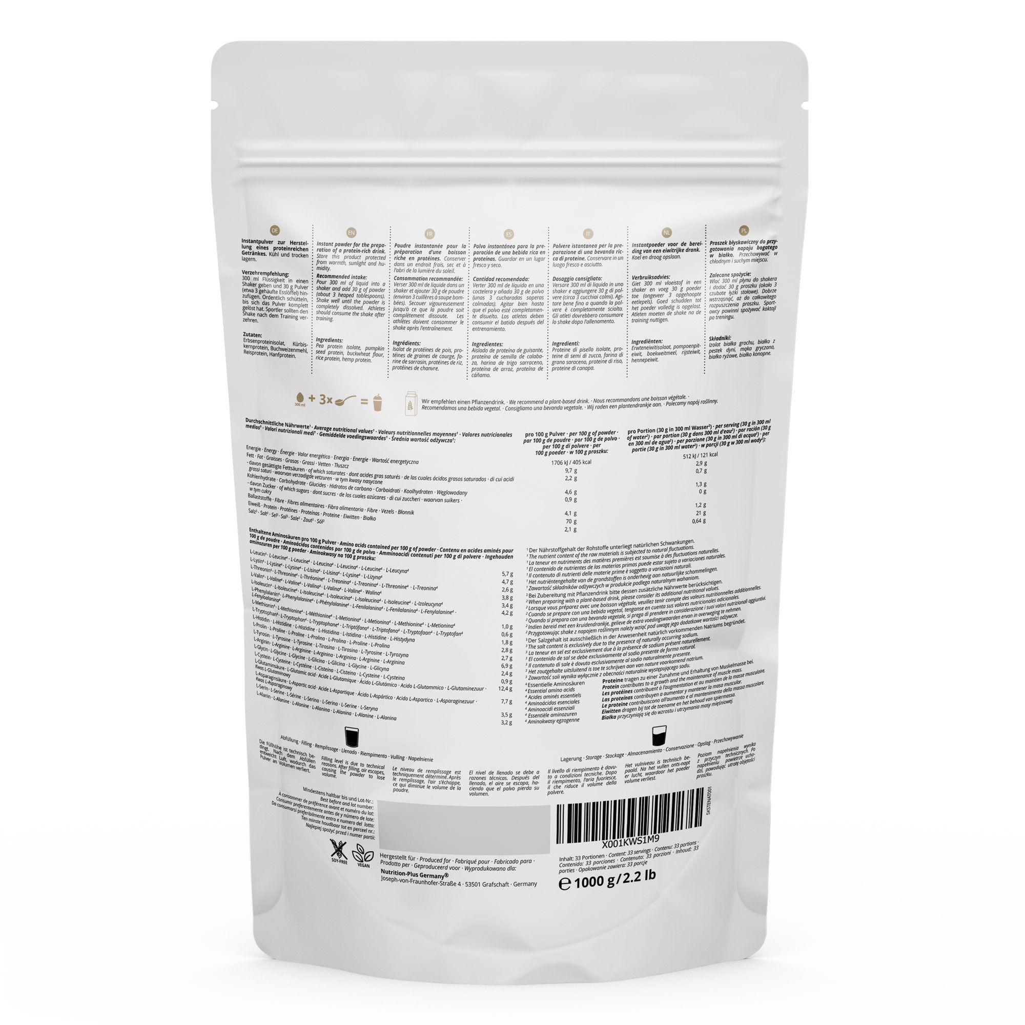 nutri+ High 5 Vegan Protein Pulver ohne Soja 1kg