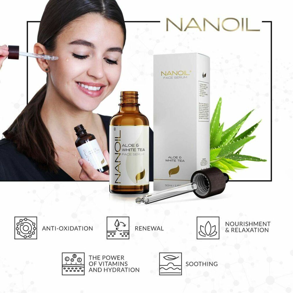 Frau mit Serumflasche und Pipette. NANOIL Aloe & White Tea Face Serum. Verpackung und Produkt. Grafiken: Anti-Oxidation, Erneuerung.