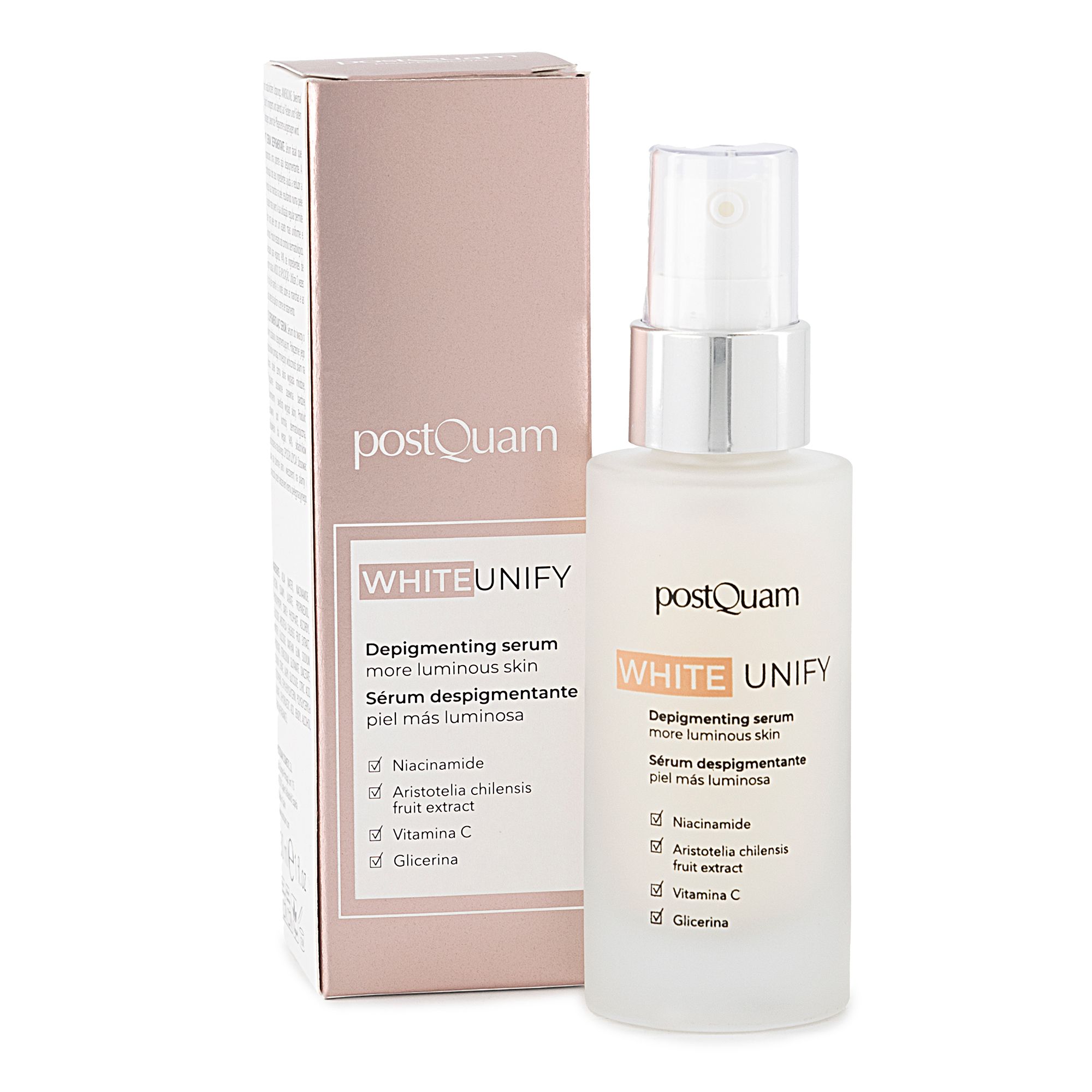 Serumflasche und Verpackung. Aufschrift: PostQuam, White Unify, Depigmentierendes Serum. Inhaltsstoffe: Niacinamid, Vitamin C, Glycerin.