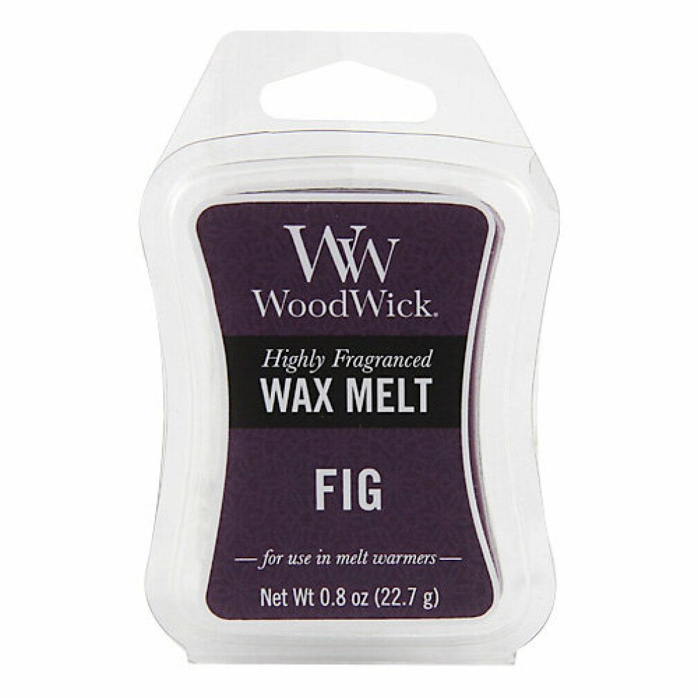 Wax Melt in Kunststoffverpackung. Aufschrift: WoodWick, Highly Fragranced Wax Melt, FIG. Nettogewicht 0.8 oz (22.7 g).
