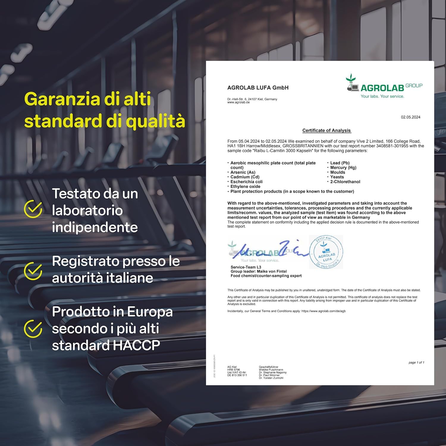 Certificato di Agrolab LUFA GmbH. Testo: Garanzia di elevati standard di qualità. Testato da laboratorio indipendente.