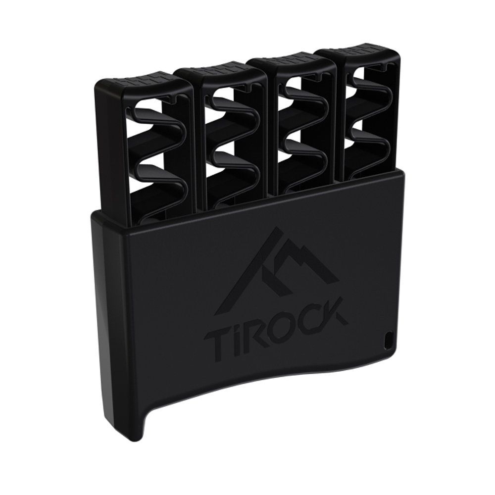 Schwarzes Fingertrainer-Set Ti-Hand. Vier Federn stecken in einem Basis-Element mit TiRock-Logo.