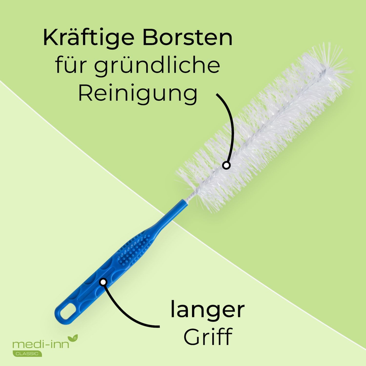 Reinigungsbürste für Urinflaschen mit langem Griff und kräftigen Borsten für gründliche Reinigung. Blauer Griff.