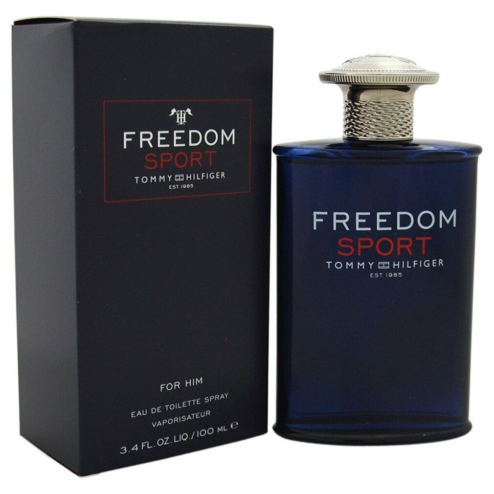 Blaue Flasche und schwarze Box. Aufschrift FREEDOM SPORT, TOMMY HILFIGER. Eau de Toilette Spray. Für Ihn.