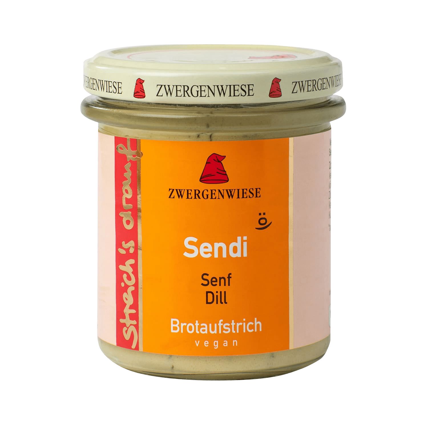Glas mit Aufstrich. Auf dem Etikett steht "Zwergenwiese Sendi Senf Dill Brotaufstrich vegan". Deckel mit Logo und Schriftzug.