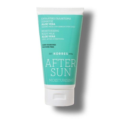 Türkisgrüne Tube mit weißem Deckel. Aufschrift: AFTER SUN, MOISTURISING, ALOE VERA. Marke: KORRES.