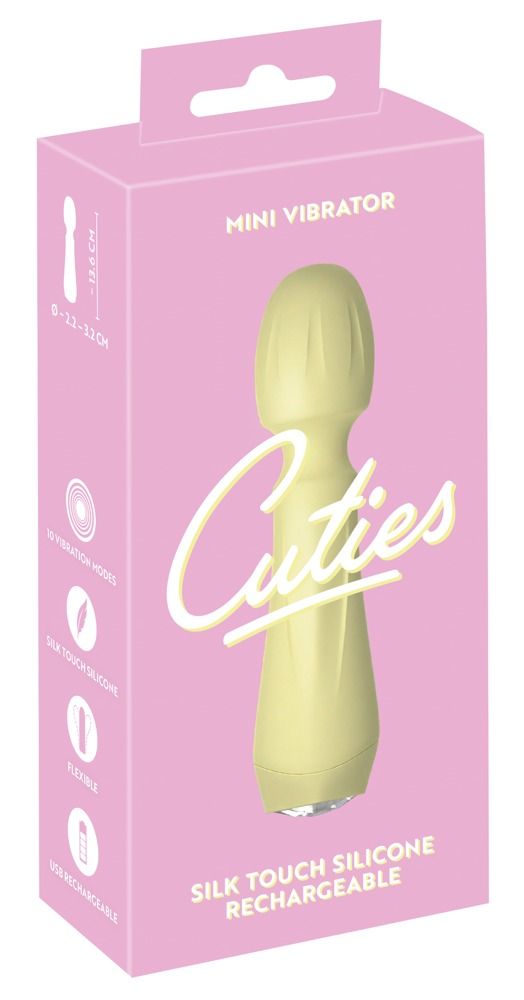 Rosa Verpackung mit gelbem Mini-Vibrator. Aufschrift: Cuties, Mini Vibrator, Silk Touch Silicone, Rechargeable.