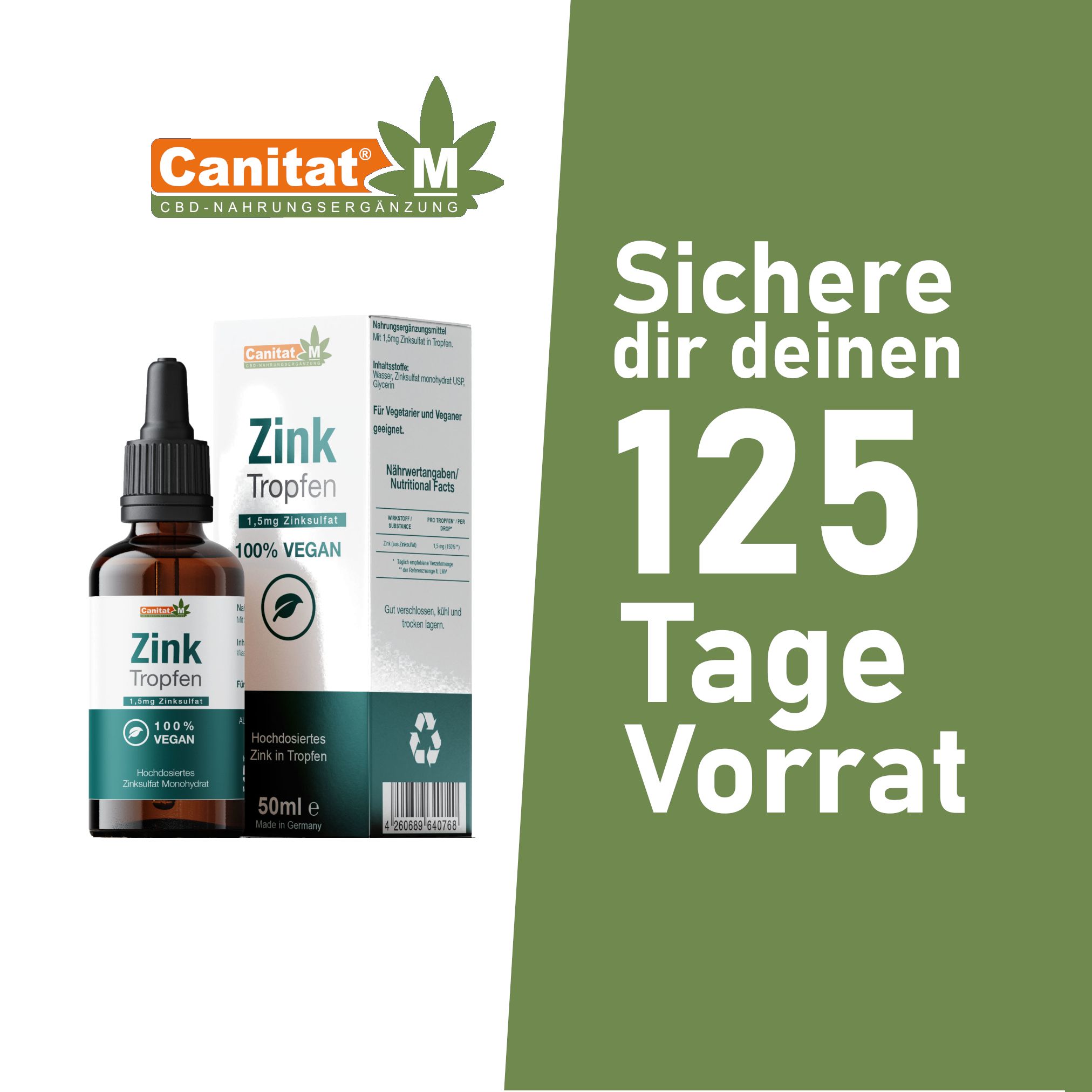 Produktflasche und Verpackung. Text: Sichere dir deinen 125 Tage Vorrat. Aufschrift: Zink Tropfen, 1,5mg Zinksulfat, 100% Vegan.