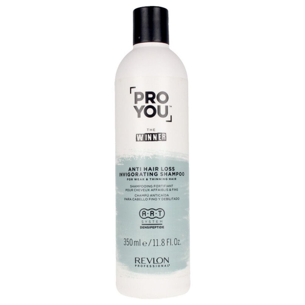 Weiße Flasche mit schwarzem Deckel. Aufschrift: PRO YOU, THE WINNER, Anti Hair Loss Invigorating Shampoo. 350ml.