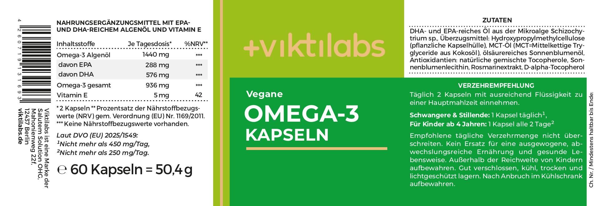Viktilabs Vegane Omega-3 Kapseln: Hochwertiges Algenöl mit 20% EPA & 40% DHA