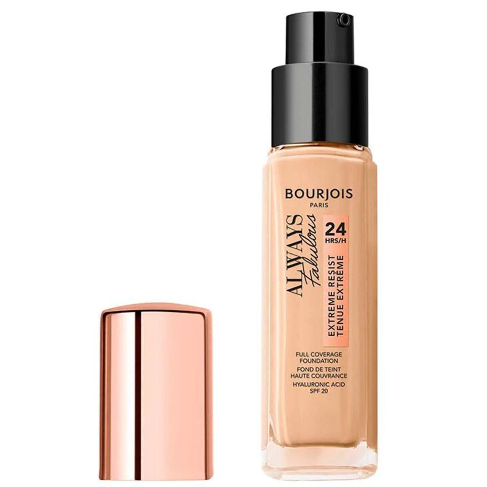 Bourjois Always Fabulous Foundation-Flakon. Schwarzer Pumpverschluss, roségoldener Deckel. Text auf dem Flakon.