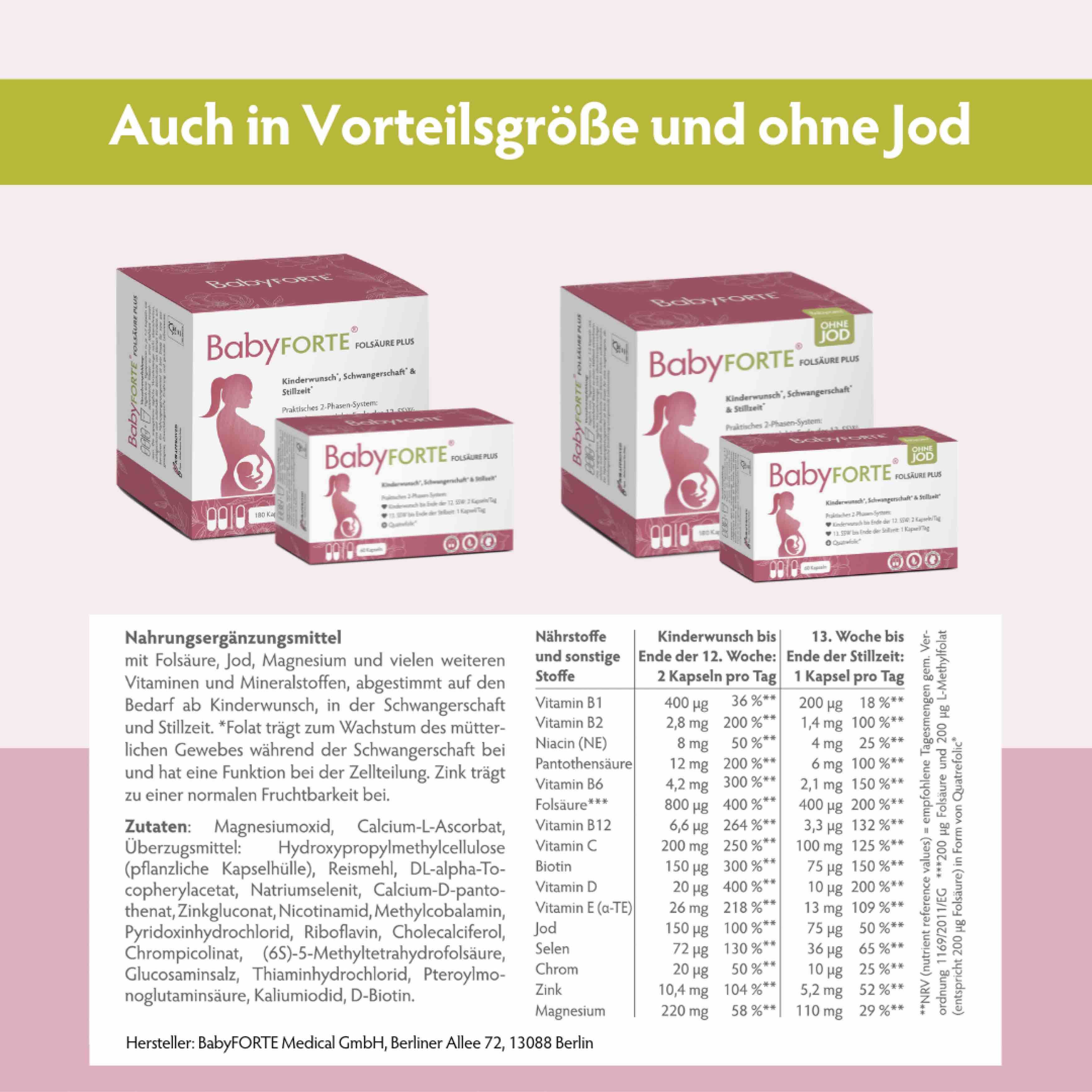 BabyFORTE-Packungen. Text: Auch in Vorteilgröße und ohne Jod. Inhaltsstoffe und Nährwerttabelle.