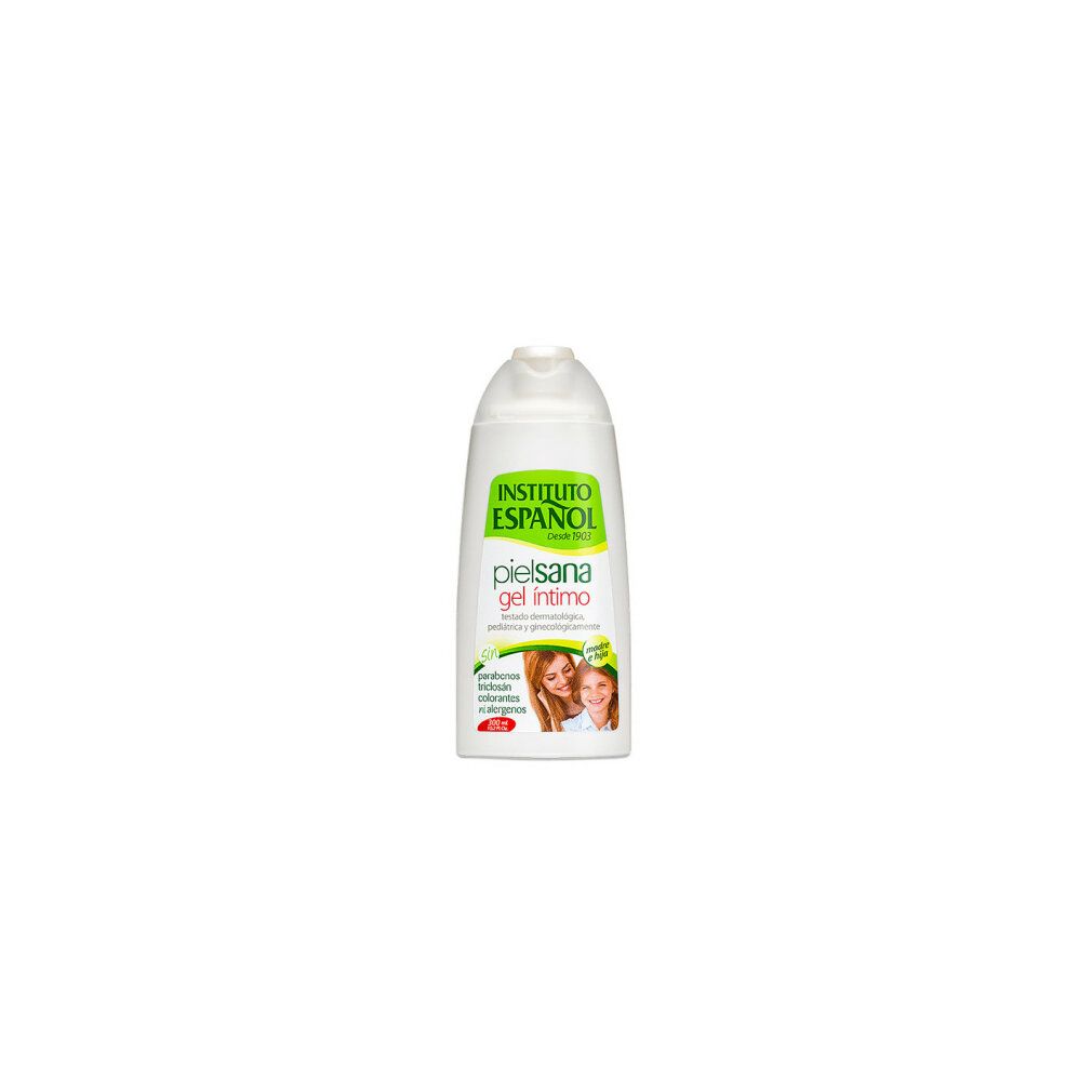 Weißliche Flasche mit grünem Etikett. Aufschrift: Instituto Español, pielsana gel íntimo. Bild von Mutter und Kind. 200 ml.