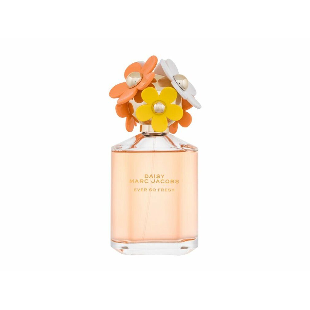 Parfümflakon mit gelben, weißen und orangefarbenen Blüten auf dem Deckel. Aufschrift: Daisy Marc Jacobs Ever so Fresh.